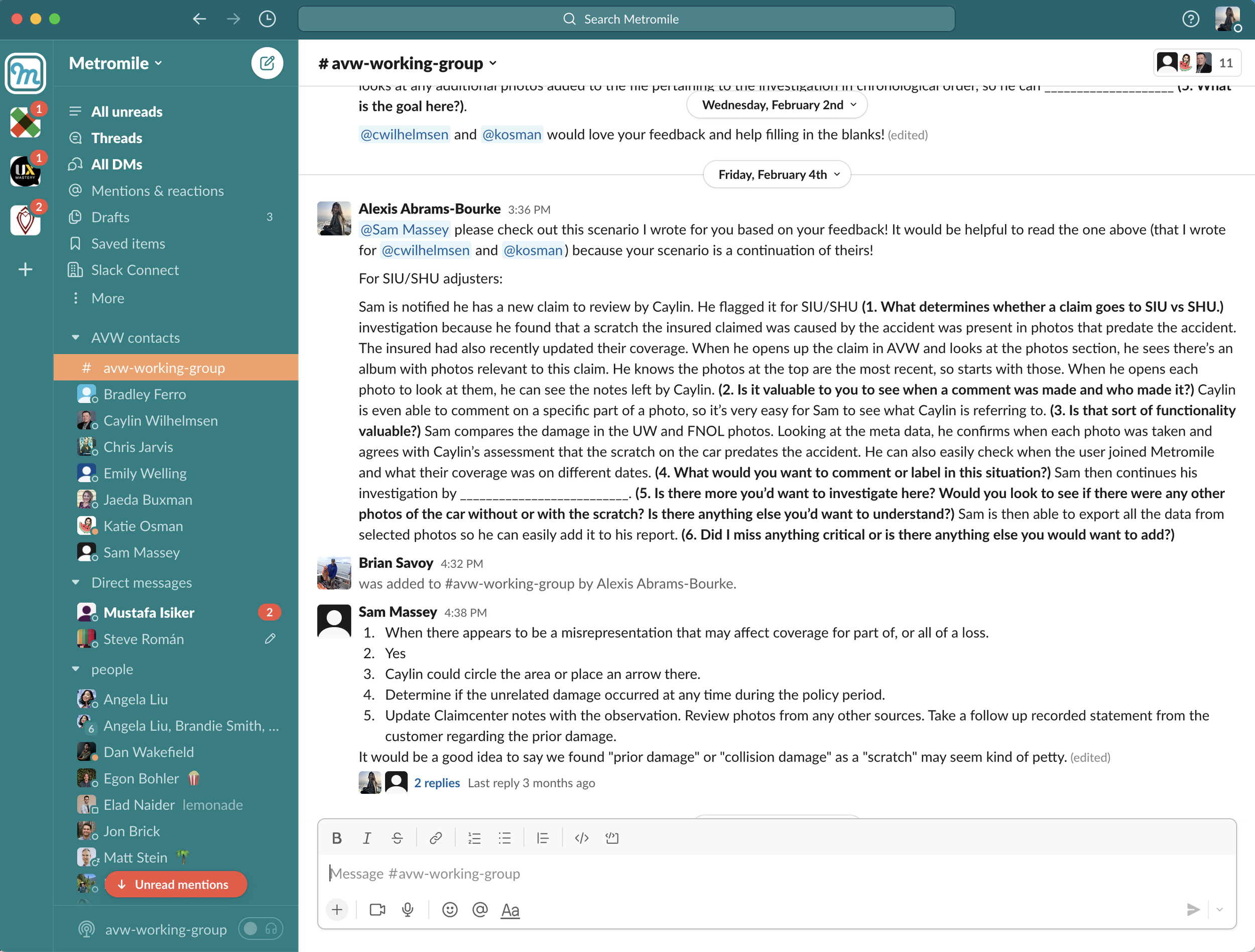 A screenshot of the avw-working-group Slack channel showing posted draft scenarios and open questions.